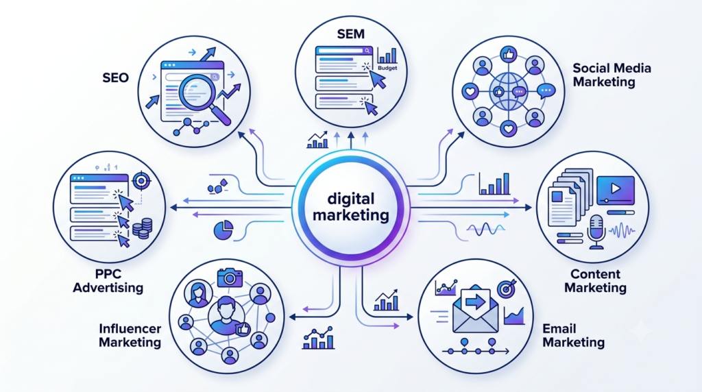 Types of digital marketing including SEO, SEM, social media, content, email, PPC and influencer marketing