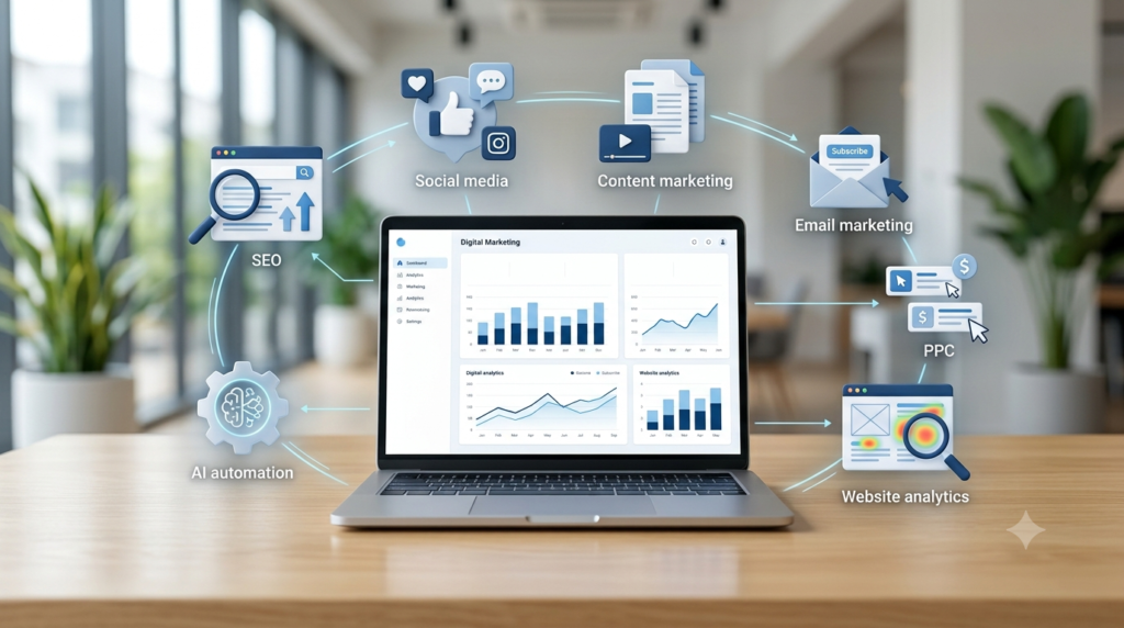 Digital marketing ecosystem showing SEO, social media, content marketing and analytics