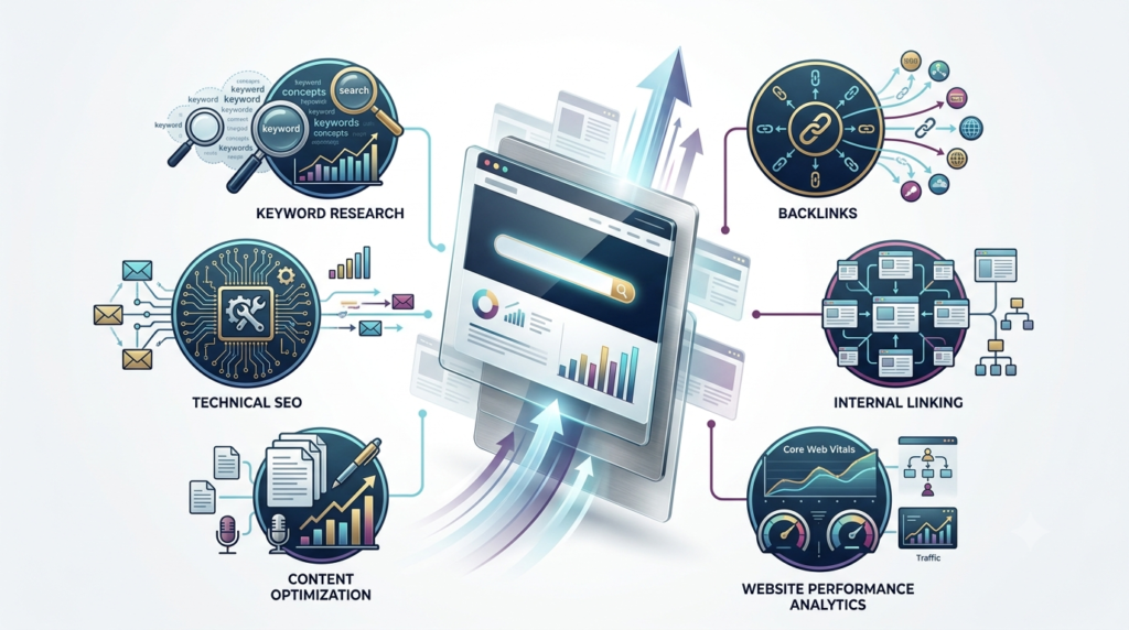 Search engine optimization process with keyword research and website optimization