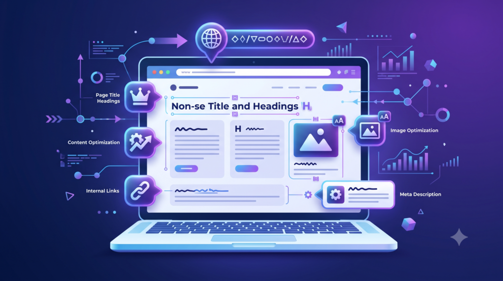 On-page SEO elements including titles headings URLs and internal links