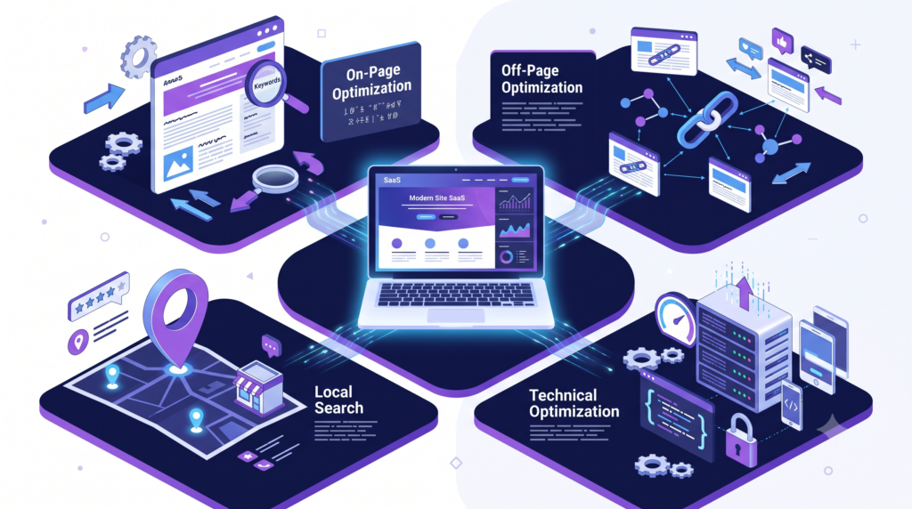 Different types of SEO including on-page off-page technical and local SEO