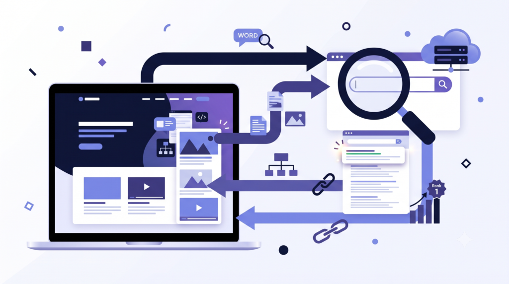 Search engine optimization explained with website and search results